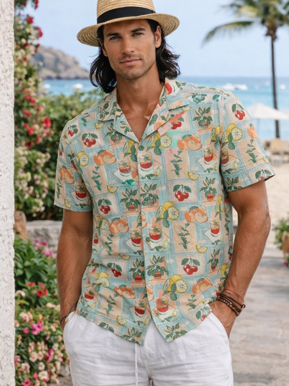 Sonoma Linen Blend Tropical Drink Fruit Print Camp Shirt NWT Boxy Vacation Top